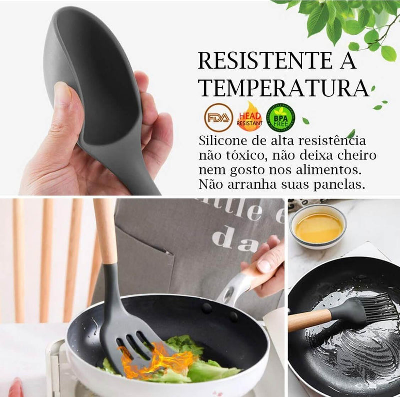 Kit Utensílios de Cozinha Silicone com Cabo de Madeira - 12 Peças