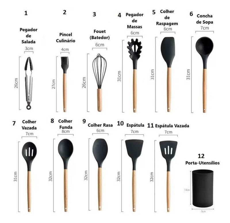 Kit Utensílios de Cozinha Silicone com Cabo de Madeira - 12 Peças