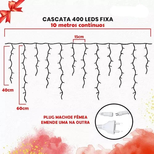 Cascata Fixa LED 10 Metros com 400 Leds Branco Frio Prova D'água