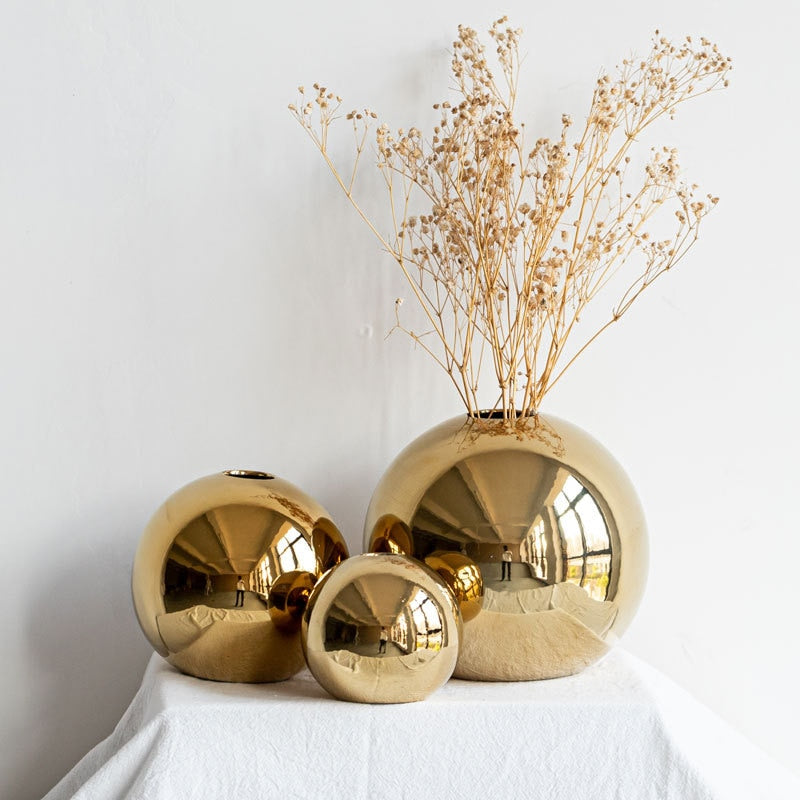 Vaso para Plantas e Decoração Bola Dourada em Cerâmica
